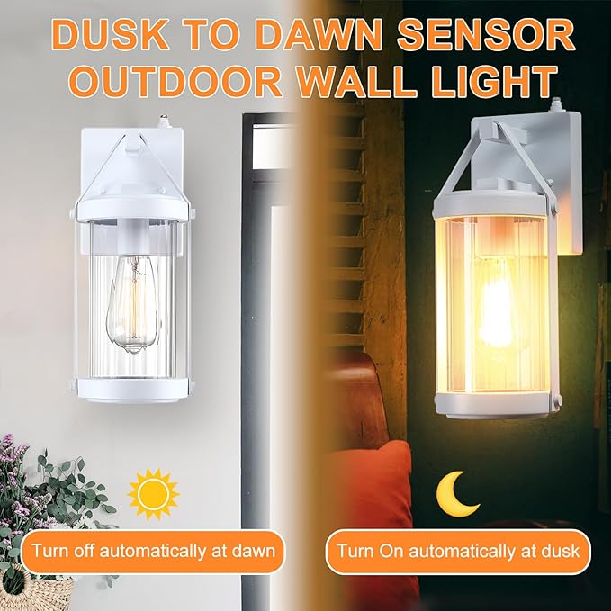 LONEDRUID Dusk to Dawn Sensor Outdoor Wall Sconce Lighting White Exterior Porch Lantern Modern Outside Garage Light Fixtures Waterproof Wall Mount Lamp for House Patio Front Door