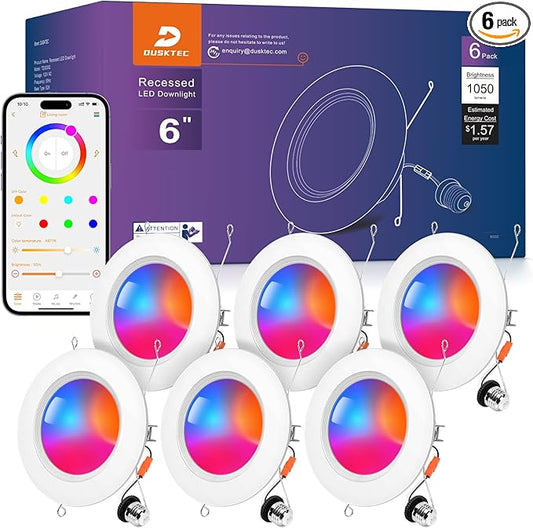 DUSKTEC Smart Recessed Lighting 6 Inch - RGBCW Color Changing LED 13W Can Light Retrofit Recessed Lights 1050 Lumen Dimmable Recess Light Compatible with Alexa & APP Recess Ceiling Lights 6 Pack