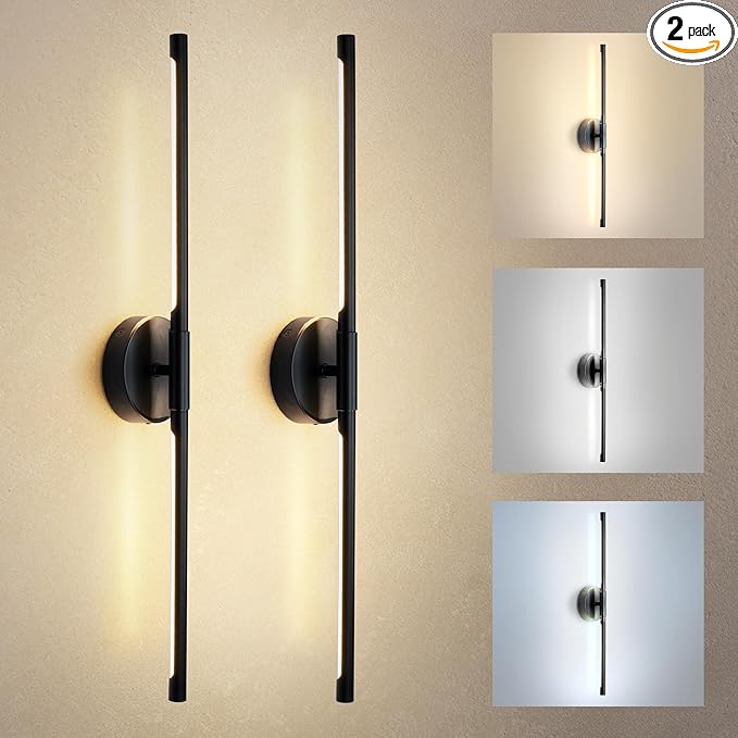 ASD LED 28" Linear Tube Wall Sconce, Modern Bathroom Light Bar | 3CCT, Dual 360° Rotatable, Dimmable, ETL Listed | 11W 1064LM 3000-5000K 100-277V | Bedroom, Hallway Vanity Lighting | Black, 2 Pack