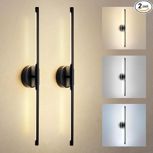 ASD LED 28" Linear Tube Wall Sconce, Modern Bathroom Light Bar | 3CCT, Dual 360° Rotatable, Dimmable, ETL Listed | 11W 1064LM 3000-5000K 100-277V | Bedroom, Hallway Vanity Lighting | Black, 2 Pack