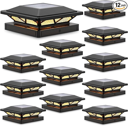 SIEDiNLAR Solar Post Cap Light 2 Modes 12 Pack, 3.5x3.5 4x4 4.5x4.5 5x5 Wooden/Vinyl Posts, Waterproof Outdoor Lighting for Fence Deck Patio Garden Decor, White/Warm (Black)