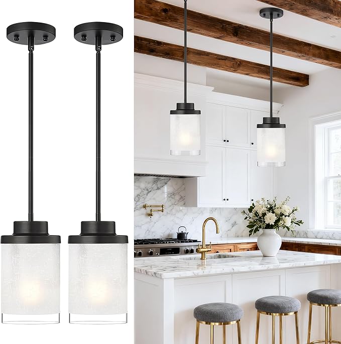 TENGXIN Modern Pendant Light, 6-in Matte Black Pendant Lights Kitchen Island,Farmhouse Pendant Lighting for Dining Room Bedroom Bar Office 2Pack,TXPLBK01-2PK-L