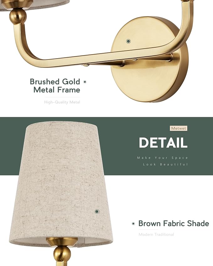 2-Light Bathroom Light Fixtures, Brushed Gold Vanity Lights, Double Wall Sconce with Brown Fabric Shade, Modern Sconces Wall Lighting for Hallway Bedroom Stairway, VL837-BG-L-2