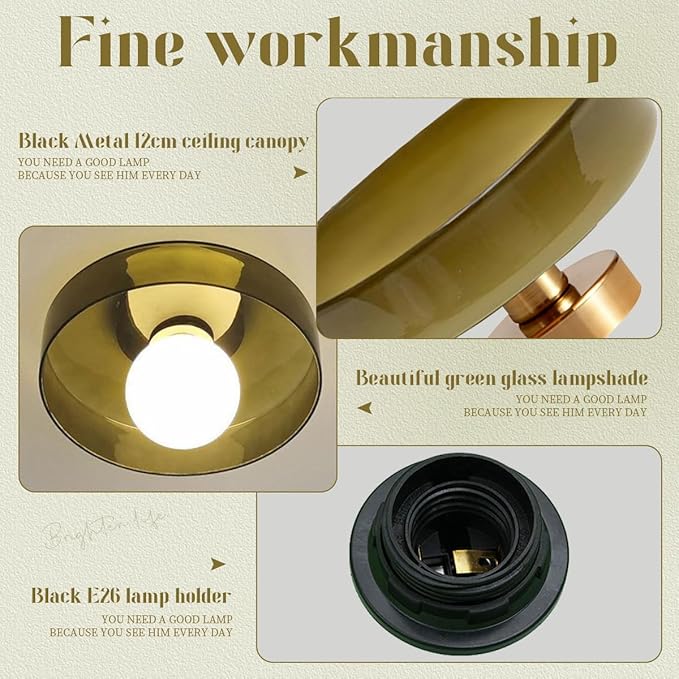 Dome Flush Mount Ceiling Light Mid Century Modern Semi Flush Mount Ceiling Light fixtures with Green Round Glass Shade Brushed Gold Brass Flush Mount Lights for Hallway Dining Room