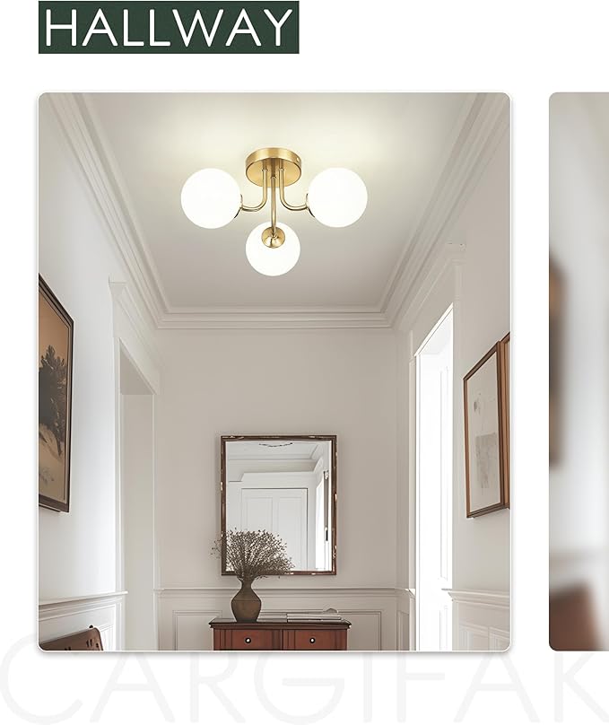 3-Globe Gold Semi Flush Mount Ceiling Light in a Modern Farmhouse Design is Ideal for Living Rooms, Bedrooms, or Dining Rooms. Model:CKCL4845-3W-PG.(Bulb Incl)