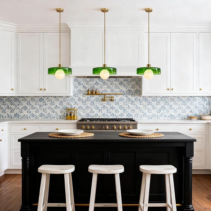 Pendant Lights Kitchen Island: Mid-Century Modern Hanging Light Fixture - Glass Pendant Lamp for Entryway Dining Room Over Table Bedside (Green, 25cm/9.84inch)