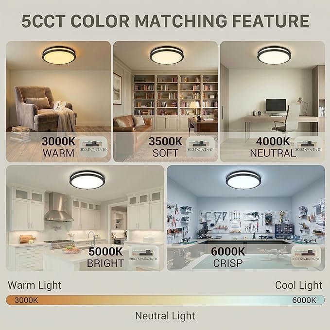 OOWOLF 16inch 48W LED Flush Mount Ceiling Light Fixture Dimmable, 5CCT Super Bright Brushed Nickel Ceiling Light 4800LM Warm/White 480W Equivalent, 3000K/ 3500K/ 4000K/ 5000K/ 6000K Ceiling Lamp