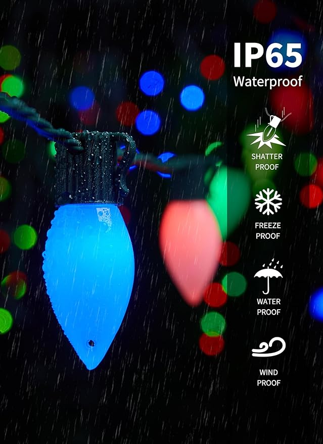 Brightown C9 LED Christmas Lights Outdoor, 100 LED RGB Smart Christmas Tree Lights with Music Sync APP Controlled, Waterproof Connectable C9 String Lights for Indoor House Party Patio Garden Decor