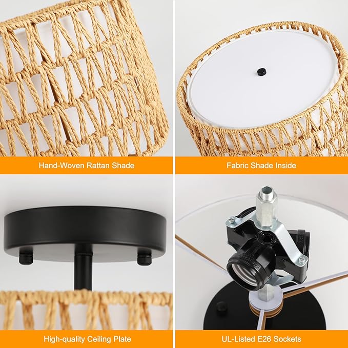 WILON Rattan Light Fixture Ceiling Mount, 3-Light Semi Flush Mount Ceiling Light Fixture with Fabric Shade, Modern Drum Woven Boho Light Fixture for Hallway Entryway Kitchen Bedroom Nursery Laundry