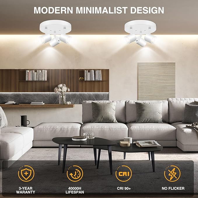 VANoopee 5 Color 3 Light LED Ceiling Spot Light Indoor Flush Mount Directional Adjustable Spotlight Fixtures Close to Ceiling for Kitchen Hallway Modern LED Track Lighting Kit Dimmable 30W Matte White