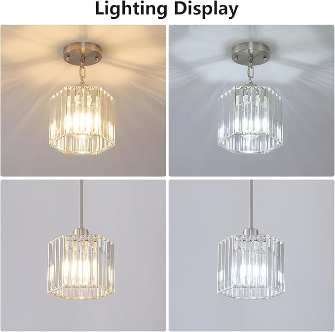 XSDeTu Brushed Nickel Pendant Light Fixtures, Modern Crystal Hanging Ceiling Light, 1-Light Mini Farmhouse Chandelier, Adjustable Hexagonal Island Lights for Kitchen, Dining Room, Bedroom, 2 Pcs