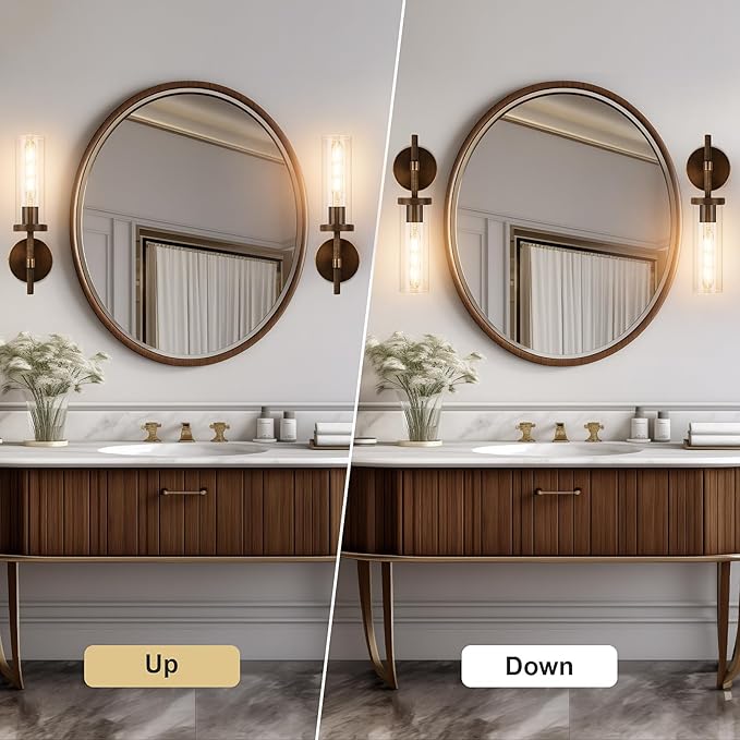 15" Knurled Brass Wall Sconce with Clear Glass Tube, Bronze Bathroom Vanity Light Fixtures, Modern Lamp Lighting for Bedroom, Living Room, Hallway, Staircase, Mirror, Kitchen