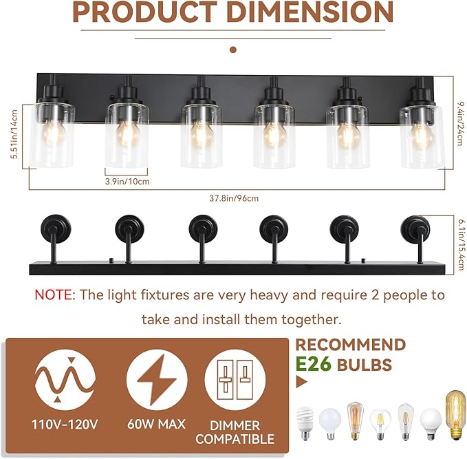 LOUSACE 6 Light Bathroom Vanity Light, Matte Black Bathroom Light Fixtures Over Mirror, Modern Bathroom Lighting with Clear Glass Shade, Black Farmhouse Wall Sconces Lighting Fixture