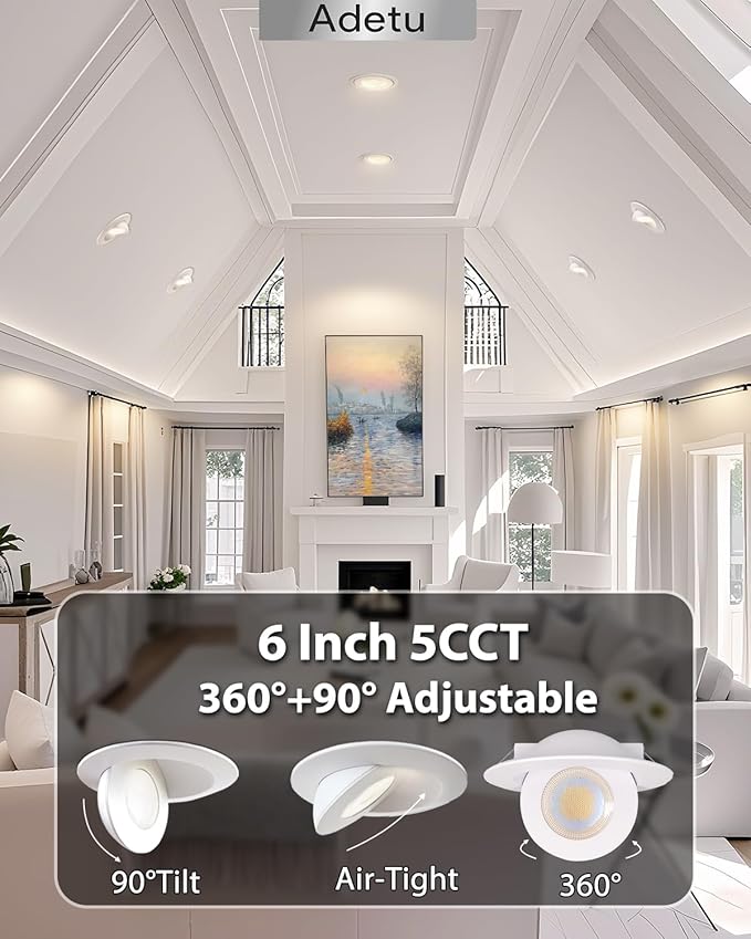Adetu Recessed Lighting 6 inch, 360°+90° Adjustable Directional 6 inch Gimbal Led Recessed Light, 2700K-5000K 5CCT Dimmable Retrofit Eyeball Can Recessed Lights with Jbox, ET (White-12 Pack)
