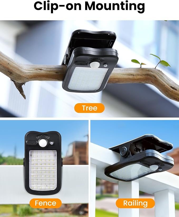Clip on Solar Lights Outdoor, 3 Modes Solar Motion Sensor Lights Outdoor, 60LEDs 500LM Solar Powered Security Lights for Fence, Deck, Garage, Camping, USB Charging, 4 Black