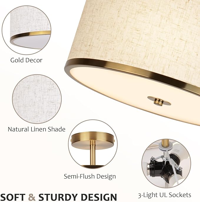 12.6 Inch Semi Flush Mount Ceiling Light, 3-Light Drum Lamp with Gold Brass Finish and Beige Shade, Ideal for Bedroom, Kitchen, Dining Room, Hallway, Entryway, and Foyer,