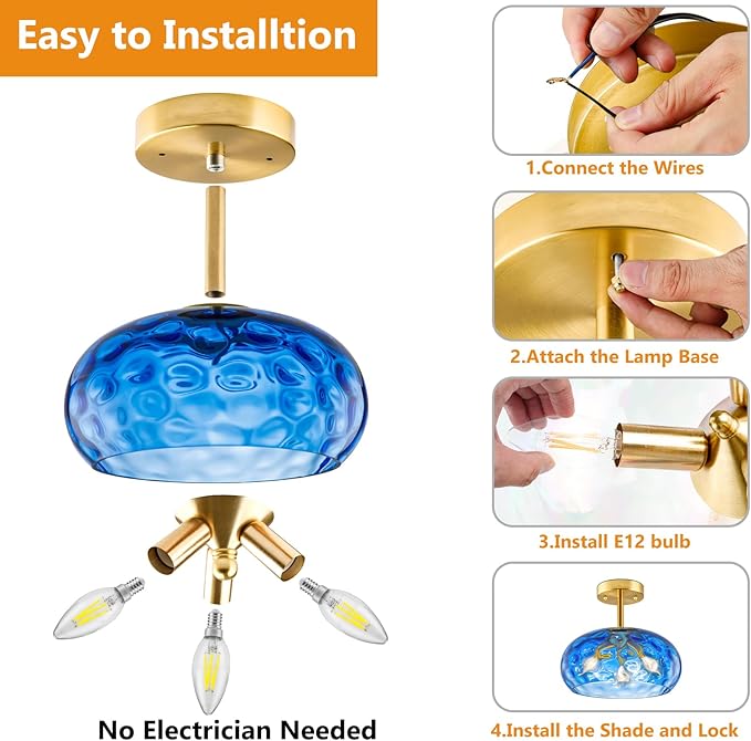 Blue Semi Flush Mount Ceiling Light, 12''& 3-Light Vintage Ceiling Light Fixture, Brass Indoor Hammered Glass Shade for Entryway, Bedroom, Kitchen, Living Room, Hallway, Farmhouse Bulbs Not Included