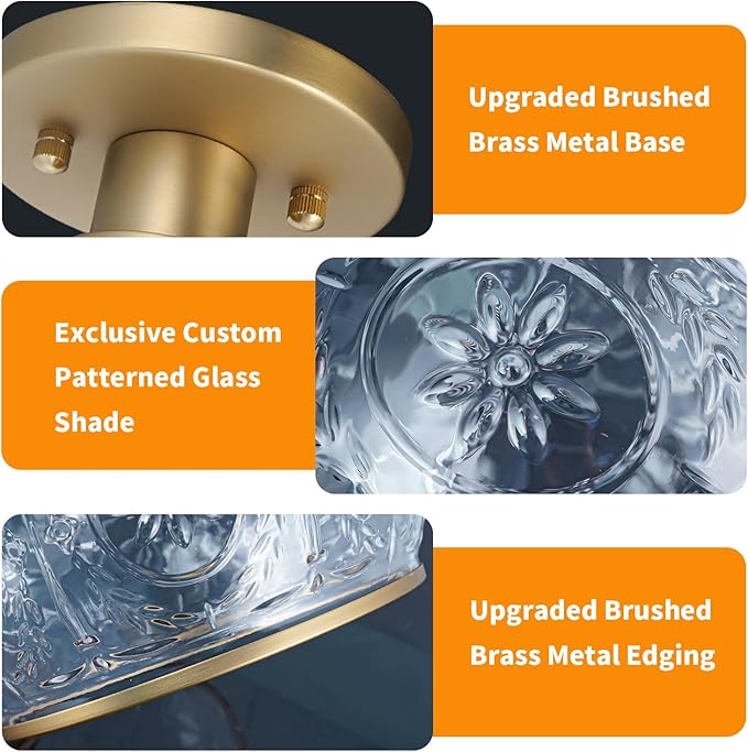 Gold Semi-Flush Mount Ceiling Light with Globe Glass – Vintage Ceiling Lighting for Hallway, Kitchen, Entryway, Bathroom & Closet