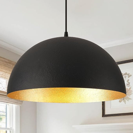 Industrial Pendant Lighting for Kitchen Island, 20 Inch Black and Gold Metal Dome Pendant Light Fixtures, Hemispherical Hanging Ceiling Light E26 Base for Reading Dining Room Foyer Cafe