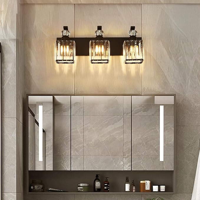 Modern Bathroom Vanity Light, 3-Light Black Bathroom Lighting Fixtures Over Mirror, 20.5" Crystal Wall Light Sconce for Bathroom/Bedroom/Vanity, Includes LED Bulbs, Easy Installation