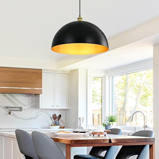 Black-Farmhouse Pendant-Light Hanging-Lamp Fixtures - 20 inch Kitchen Island Pendant Lights Industrial Dome Ceiling Lighting Dining Room Large Vintage Light for Indoor Black and Gold