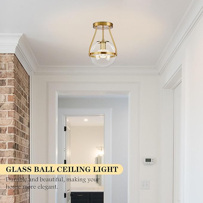 Bagood 6" Globe Semi Flush Mount Ceiling Light Fixture Modern Gold Semi Flush Mount Ceiling Light Mid Century Ceiling Light with Clear Glass Shade Brass Finish for Hallway Bathroom Foyer (Bulb Incl.)