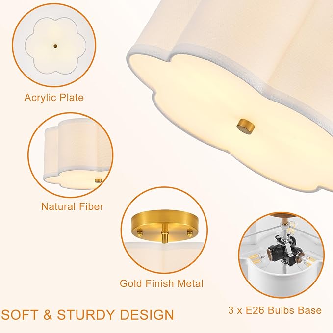 Modern Semi Flush Mount Ceiling Light Modern Gold 3-Lights Drum Ceiling Lighting Fixture Vintage Linen Golden Ceiling Lamp for Laundry Room, Kitchen, Basement, Dining Room, Bedroom