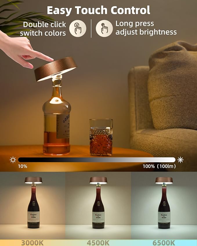 Wireless Bottle Lamp Shade, Rechargeable Wine Bottle Lights for Liquor Bottles, RGB, Touch Control 3 Color Temperatures, Dimmable, Outdoor Waterproof, Restaurant & Home Bar Décor, Gift, Brown 1Pc