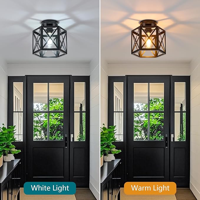 XSDeTu 2 Pack Farmhouse Semi Flush Mount Ceiling Light, Industrial Black Hallway Light Fixture, Small Metal Cage Close to Ceiling Lights for Kitchen Sink Porch Bedroom