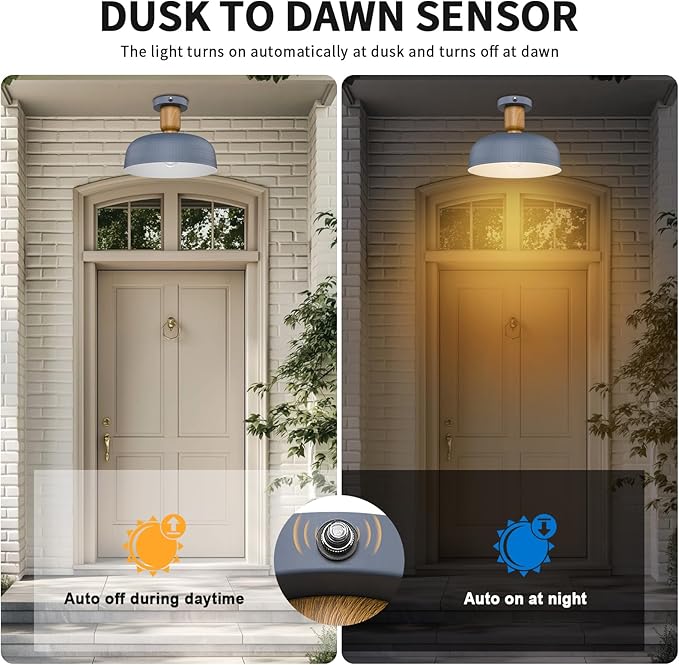 Darkaway Dusk to Dawn Industrial Semi Ceiling Light Fixtures, Flush Mount Indoor Outdoor Ceiling Light with Blue Hammered Metal Shade Outdoor Porch Foyer Entryway