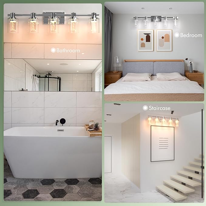 Quntis 5-Light Chrome Bathroom Vanity Light with 5 Color Modes, Dimmable Modern Bathroom Lighting Fixture Over Mirror, 35 Watts Eye Protection LED Wall Lamp 33 Inch (UL Certified, Bulbs Included)