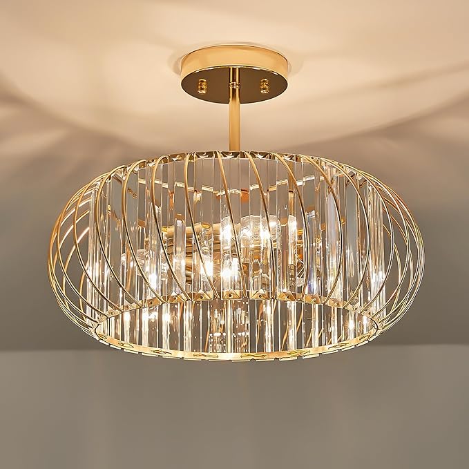 16 Inch Semi Flush Mount Crystal Ceiling Light, 3-Light Metal Cage Hallway Ceiling Lamps, Farmhouse Ceiling Light Fixture, Industrial Crystal Chandelier for Corridor Bathroom Kitchen (Gold, 16 Inch)