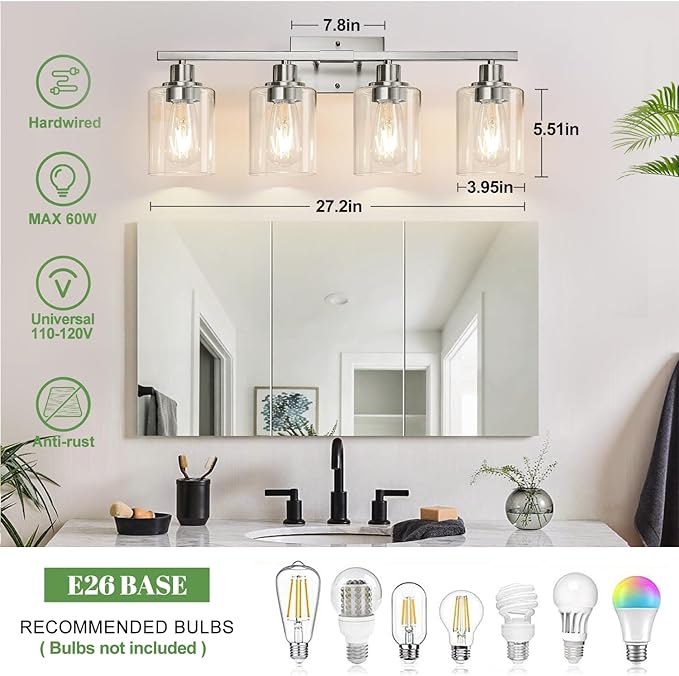 MOKATNG 4-Light Bathroom Light Fixtures, Vanity Light with Clear Glass Shades, Brushed Nickel Bathroom Light Fixtures Over Mirror, Modern Bathroom Wall Lamp for Mirror Living Room Cabinet Bedroom
