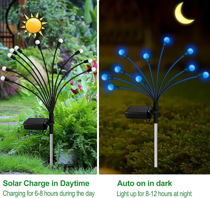 Kohlrabi Solar Garden Lights Outdoor, 6 Pack 48 LED Blue Firefly Lights Waterproof, Sway by Wind, Solar Wind Swaying Light for Yard Patio Backyard Garden Planter Flower Bed Pathway Decoration