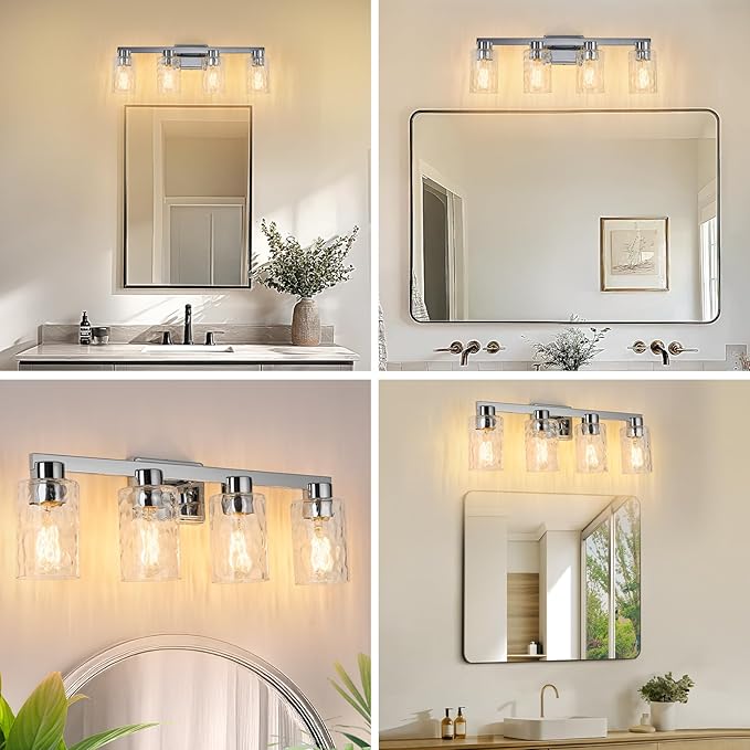 4-Light Bathroom Light Fixtures Modern Chrome Vanity Lights with Water Ripple Glass Wall Sconces Over Mirror for Bathroom, Powder Room, Living Room