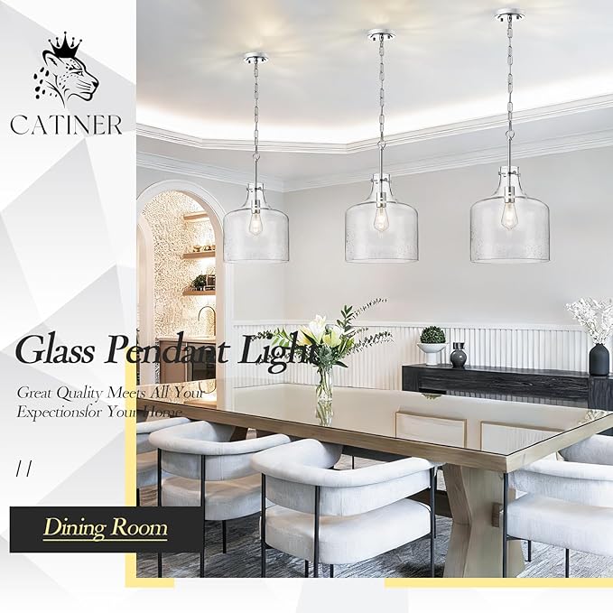 CATINER 12" Chrome Seeded Glass Pendant Light, Modern Farmhouse Hanging Ceiling Light Fixture for Kitchen Island, Dining Room, Hallway, Hand-Blown Bubble Glass Shade, E26 Dimmable Pendant Lighting