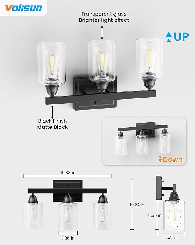 VOLISUN Matte Black Bathroom Light Fixtures, 3-Light Bathroom Vanity Light Over Mirror, Modern Vanity Lights for Bathrooms, Bathrooms Lights Fixtures Over Mirror with Clear Glass Shades