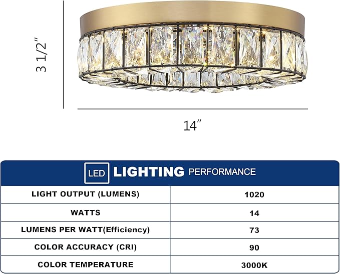 MEXO Crystal LED Flush Mount Ceiling Light Fixtures Modern Black and Gold LED Chandelier Lighting for Kitchen Closet Hallway Bedroom Foyer Laundry Room