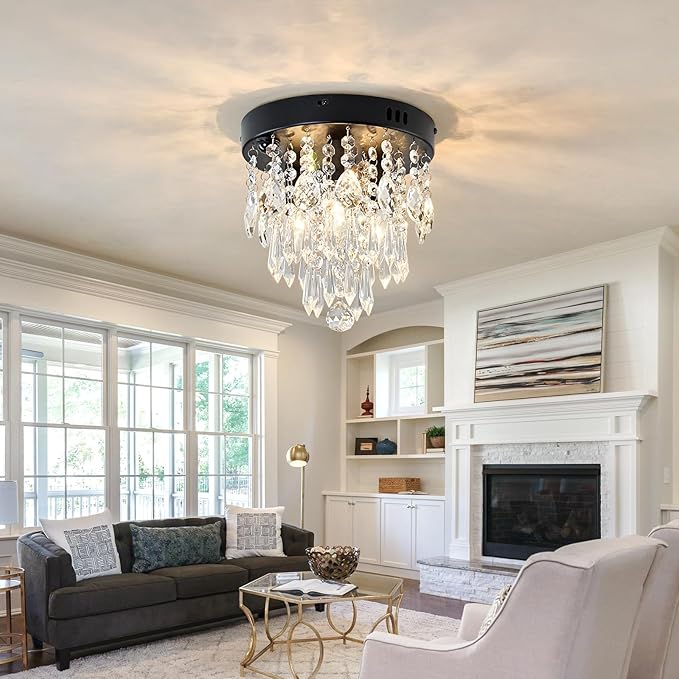 YYJLX Indoor Motion Sensor Ceiling Light Modern Crystal Chandelier Black Mini Flush Mount Light Fixture for Hallway Closet Porch Hall Front,3 Light E12.