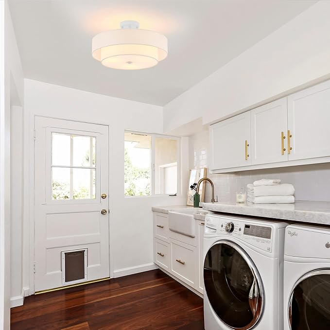 Modern Semi Flush Mount Ceiling Light, 18" Modern White 3-Lights Drum Ceiling Lighting Fixture, Vintage Linen White Ceiling Lamp for Laundry Room, Kitchen, Basement, Dining Room, Bedroom