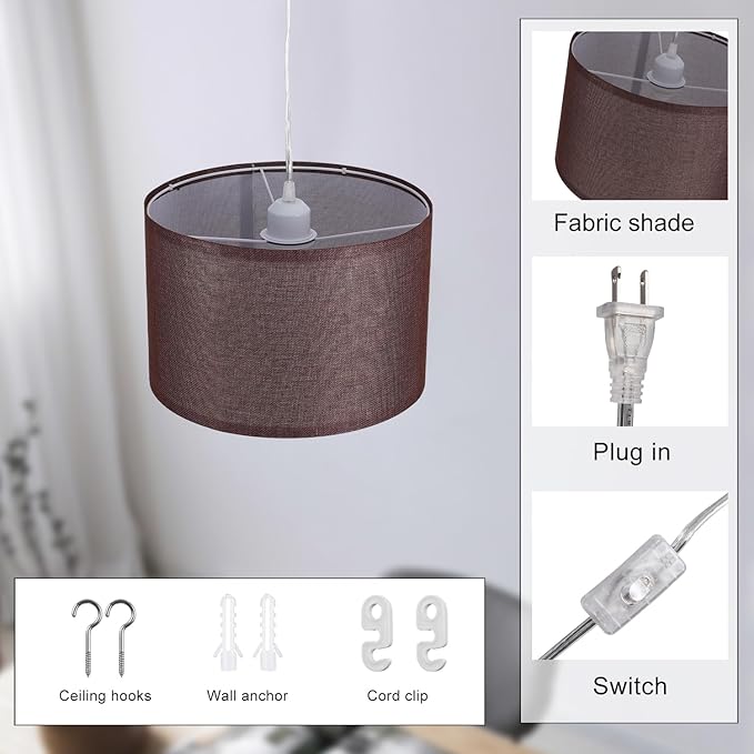 2 Pack Plug in Pendant Light, Hanging Light with 15Ft Clear Cord, On/Off Switch, Coffee Fabric Lamp Shade, Hanging Light Fixture for Bedroom, Kitchen