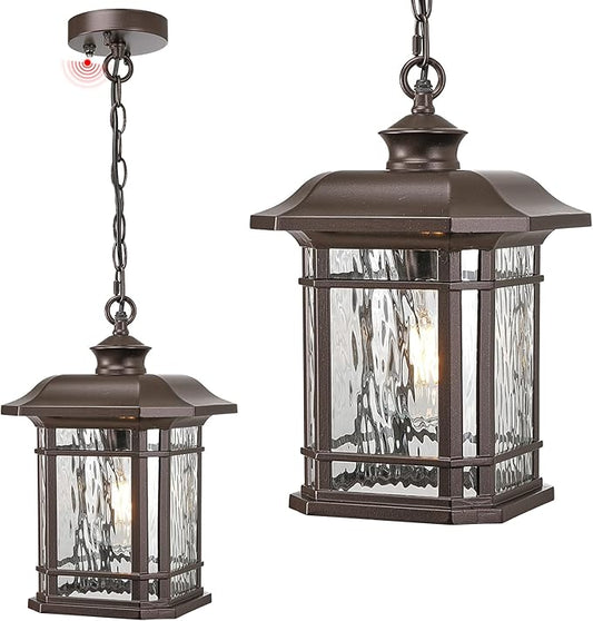 Waterproof Outdoor Hanging Lantern Light 13.8 Inch Large Outdoor Pendant Light with Adjustable Chain Dusk to Dawn Aluminum Hanging Porch Light with Water Ripple Glass E26 Socket