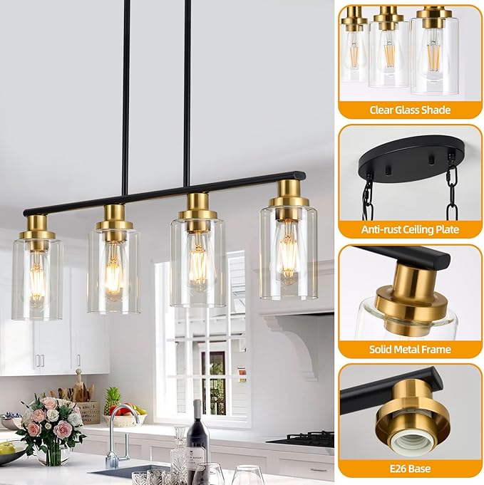 Island Lights for Kitchen, 4-Light Farmhouse Dining Room Light Fixtures Over Table, Matte Black and Gold Linear Chandeliers for Dining Room，Industrial Pendant Lighting with Clear Glass Shade