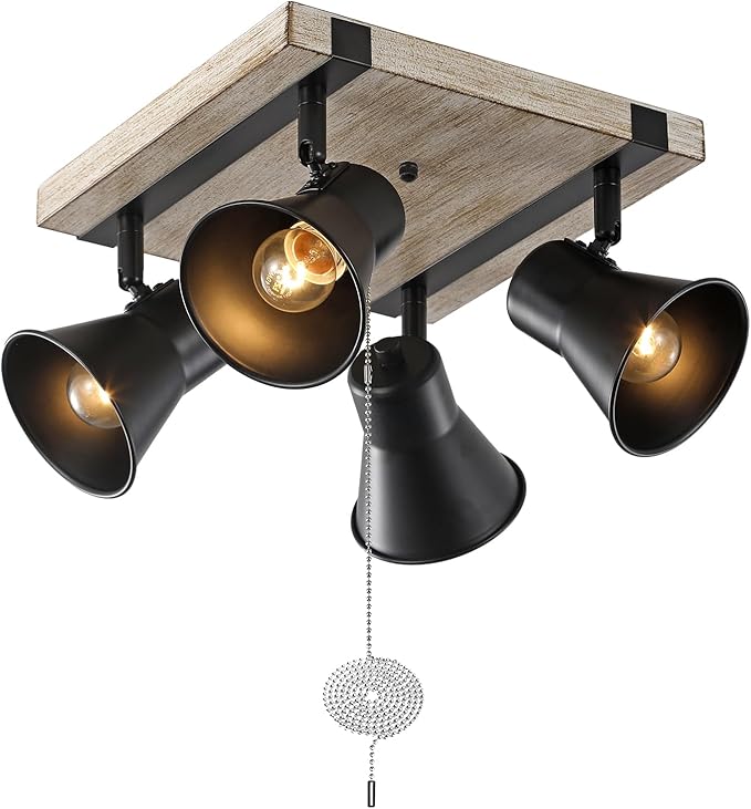 KEESFU 4 Light Kitchen Lighting Fixtures Ceiling Pull Chain Light,Farmhouse Flush Mount Ceiling Light with Rotatable Head,Rustic Light Fixtures for Dining Room Bedroom Hallway.