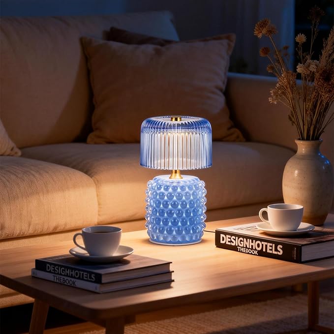 Small Battery Operated Lamp with Timer, Tiny Cordless Glass Table Lamp for Home Decor, Kitchen, Bathroom, Birthday Gift for Women, Pearl, Blue