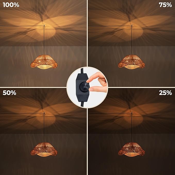 LumStory Rattan Plug in Pendant Light for Ceiling Farmhouse Boho Woven Hanging Lights with Plug in Cord, Rustic Hanging Lamp with Dimmable Switch, Wicker Chandelier for Dining Room, Bedroom, 3-Light