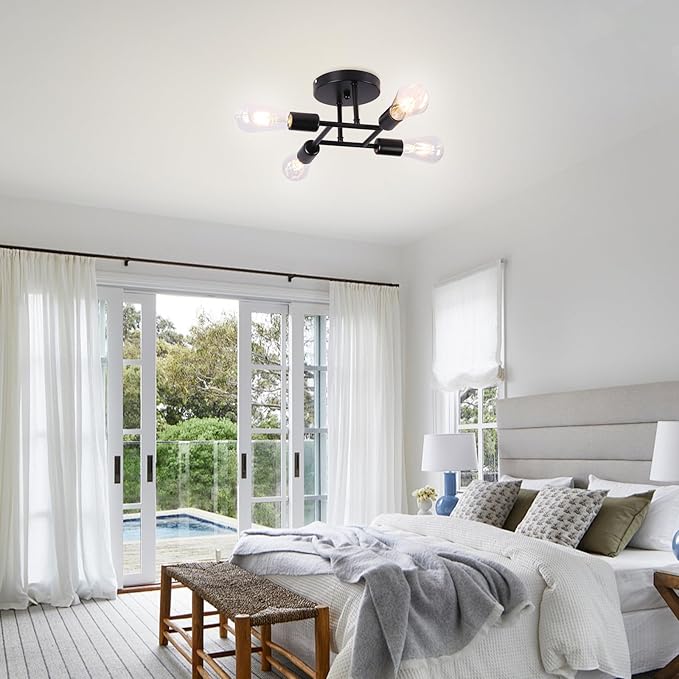 Finktonglan 4-Light Semi Flush Mount Ceiling Light, Matte Black Sputnik Ceiling Light Fixture, Modern Farmhouse E26 Chandelier for Kitchen, Dining Room, Bedroom, Hallway