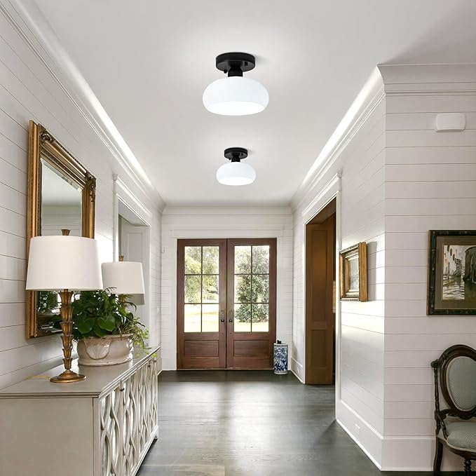 Semi Flush Mount Ceiling Light, Mid Century Modern Black Light Fixture with Milk Glass Shade 8.66''Vintage Ceiling Lamp for Entryway Hallway Foyer, Laundry Room, Schoolhouse