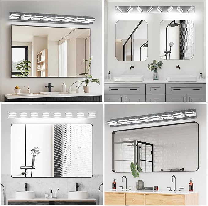 IZORRO LED Modern Bathroom Lights Fixtures(8-Light,Dimmable,360°Rotate),Chrome Acrylic Wall Lighting,Vanity Lights for Bathroom Over Mirror - 6000k 48In （No Assembly Required）