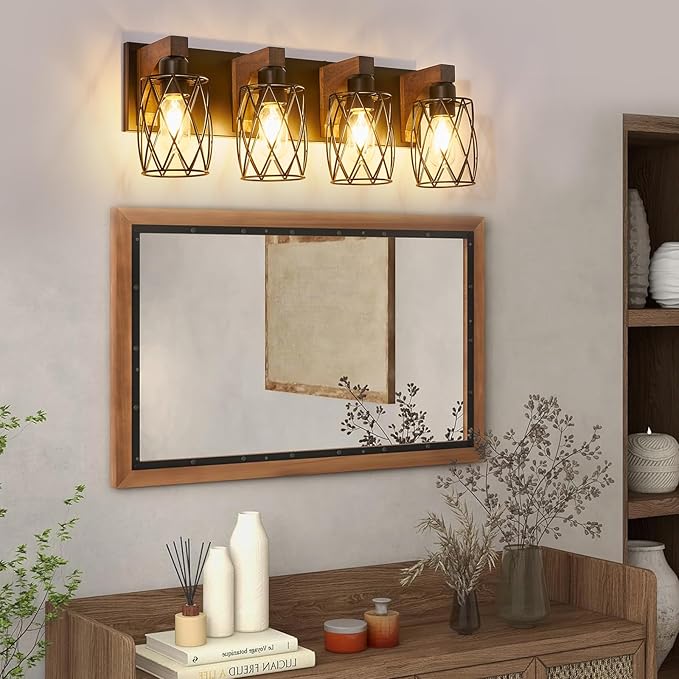 4-Light Farmhouse Bathroom Vanity Light, Wood Bathroom Lighting Fixtures Over Mirror, Black Bathroom Light Fixtures with Cage Metal Shade, Rustic Vanity Light with E26 Base